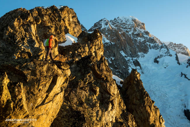 Ally on the Aiguilles Rouges at sunrise with Mont Blanc in the background