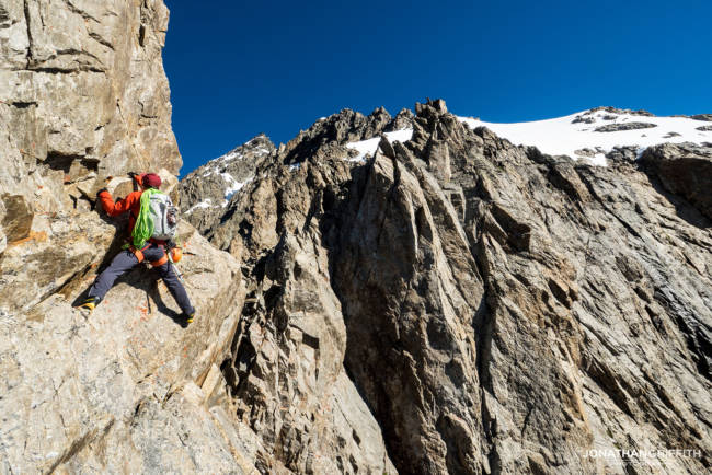 Exposed climbing, best not to let go at this point