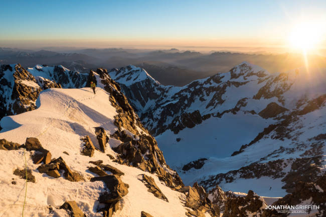 Sunset high up on the Brouillard Ridge to the summit of Mont Blanc. Nice but cold