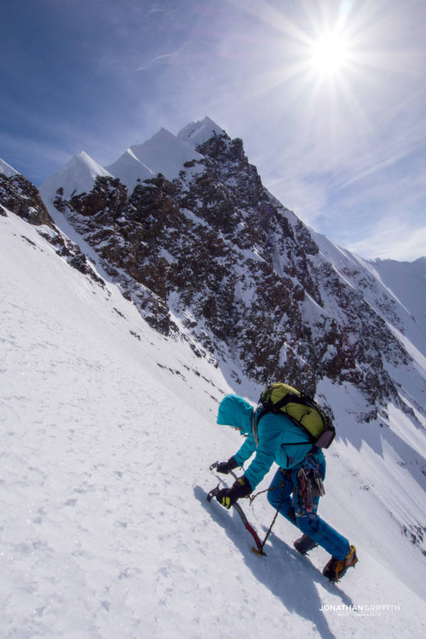 Approaching the corniced summit ridge